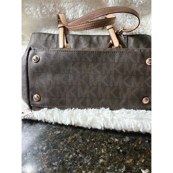 Michael Kors Jet Set Logo Tote Bag Womens Large Brown Top Zip Gold Tone - Picture 6 of 8